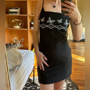 Black Mini Dress with Butterfly Embroidery Embroidered Black Mini Dress
